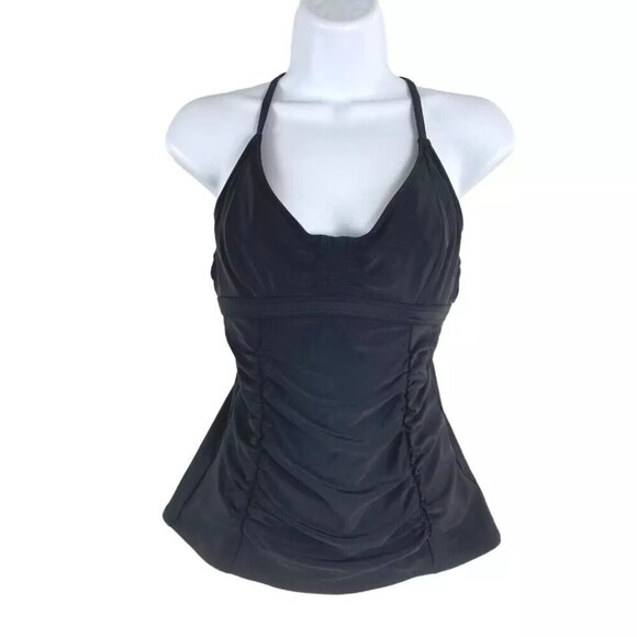 Athleta Smocked Tankini Top Swim Black Solid Underwire Women's Size 34 B/C - Picture 1 of 6